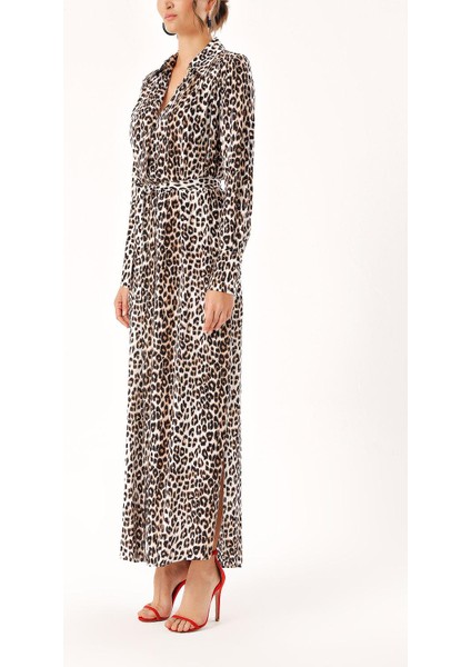 Leopar Büzgü Detaylı Gömlek Elbise 94299 modelleri
