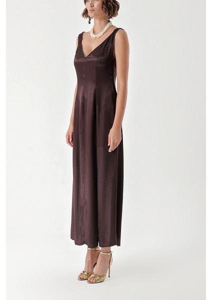 Kahve Kolsuz V Yaka Yırtmaçalı Elbise 94217 modelleri