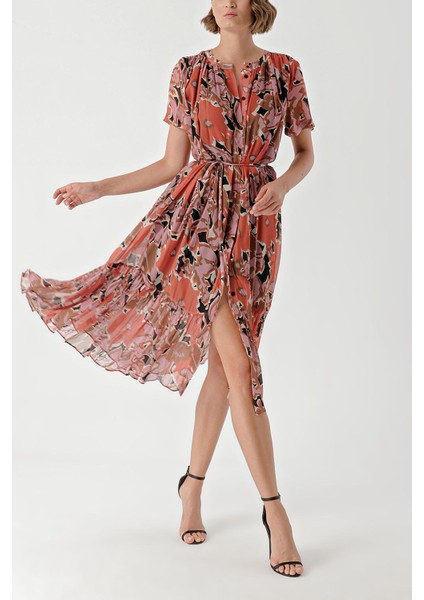 Desenli Büzgülü Bol Kesim Elbise 94275