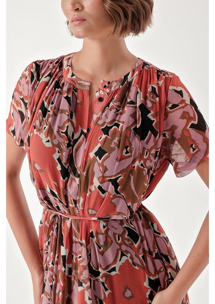 Desenli Büzgülü Bol Kesim Elbise 94275 indirimleri