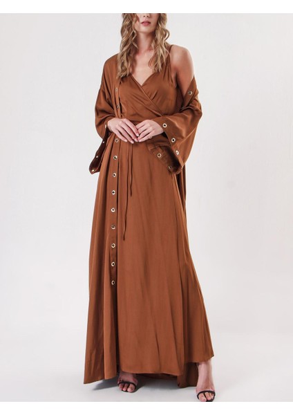 Kahve Kuşgözü Detaylı Içlikli Uzun Kaftan 94187