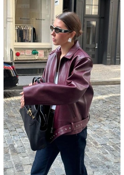 Bordo Kemerli Suni Deri Kadın Ceket MG2548 fiyatları