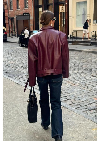 Bordo Kemerli Suni Deri Kadın Ceket MG2548 fırsatları