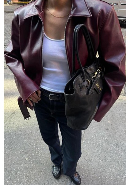 Bordo Kemerli Suni Deri Kadın Ceket MG2548 indirimleri