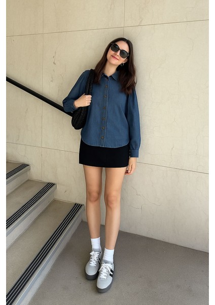 Kadın Uzun Balon Kollu %100 Pamuk Mavi Jean Gömlek modelleri