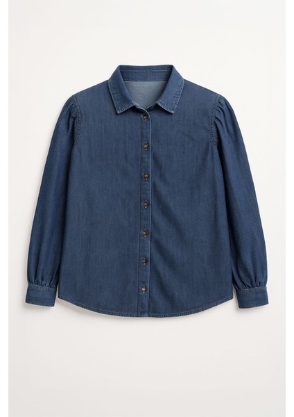 Kadın Uzun Balon Kollu %100 Pamuk Mavi Jean Gömlek fırsatları