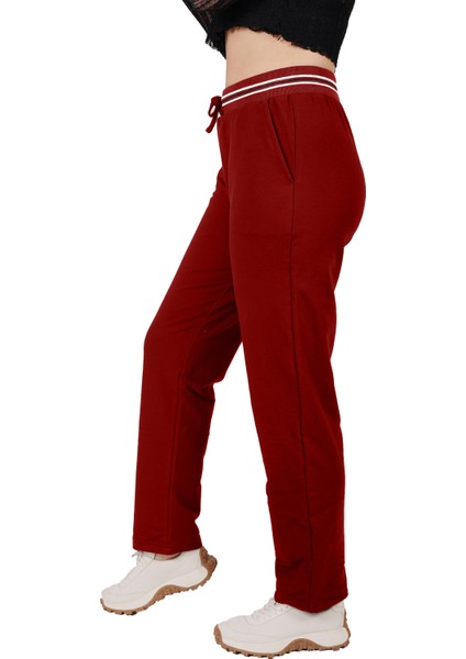 Bordo Renk Pamuklu Kumaş Beli Ribanalı Kadın Eşofman Altı (Büyük Beden Seçeneğiyle)