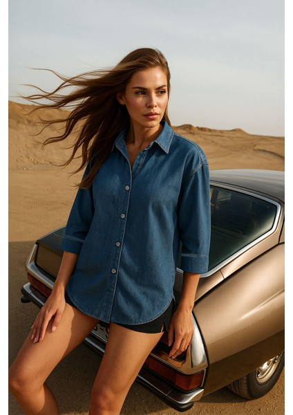 Kadın Rahat Kalıp Mavi Jean Gömlek fırsatları