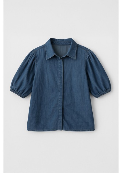 Kadın Balon Kollu %100 Pamuk Mavi Jean Gömlek indirimleri