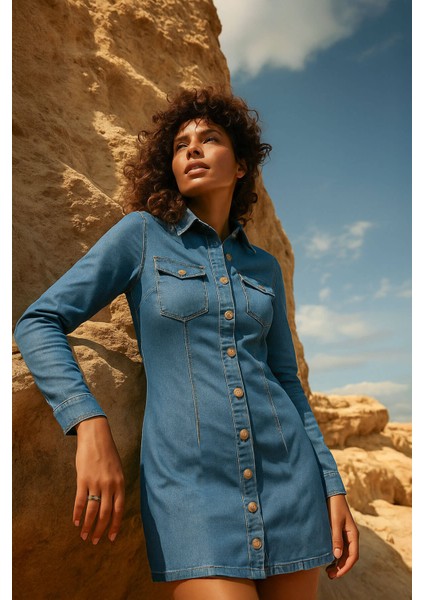 Kadın Uzun Kollu Düğmeli Jean Elbise Açık Mavi