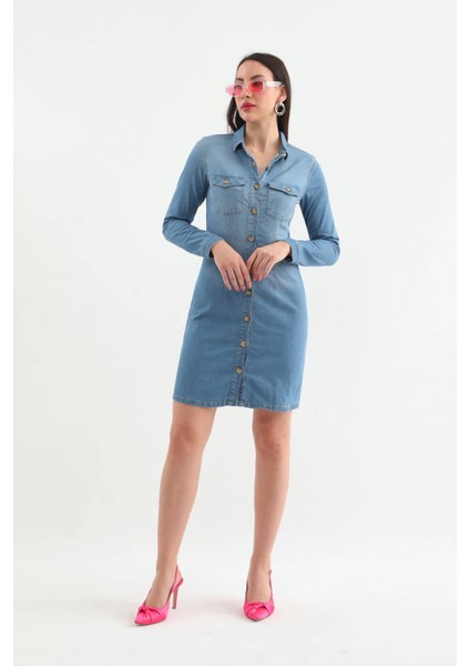 Kadın Uzun Kollu Düğmeli Jean Elbise Açık Mavi