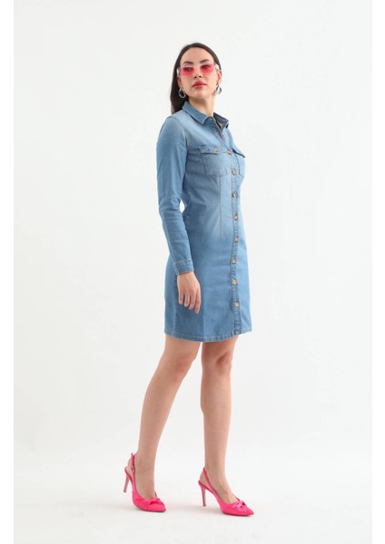 Kadın Uzun Kollu Düğmeli Jean Elbise Açık Mavi