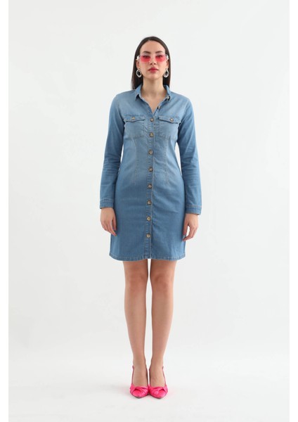 Kadın Uzun Kollu Düğmeli Jean Elbise Açık Mavi