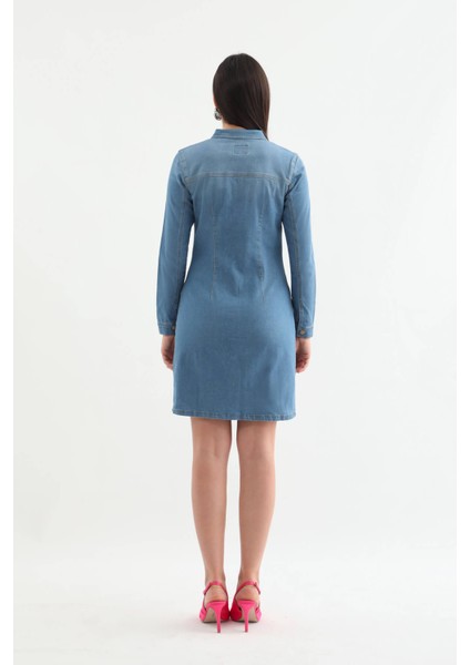Kadın Uzun Kollu Düğmeli Jean Elbise Açık Mavi