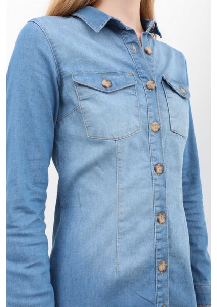 Kadın Uzun Kollu Düğmeli Jean Elbise Açık Mavi