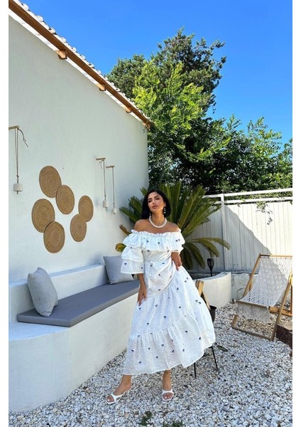 Lila Omuzları Lastikli Brode Elbise