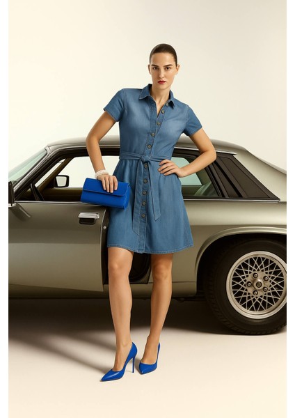 Markapia Kemer Detaylı Düğmeli Jean Elbise