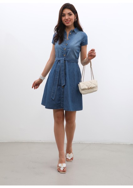 Markapia Kemer Detaylı Düğmeli Jean Elbise