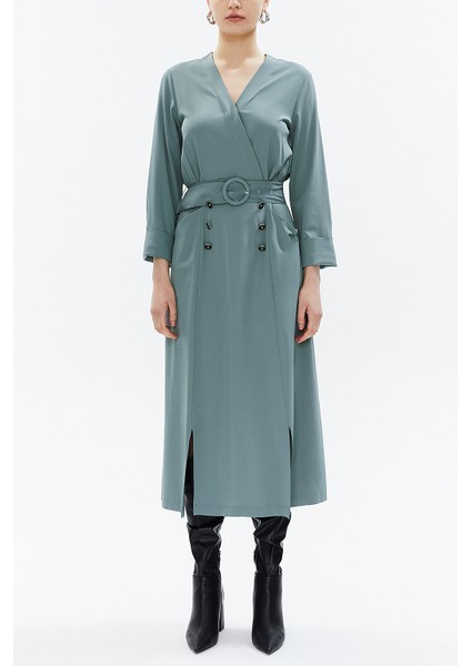 Petrol Anvelop Kapama Kemerli Midi Elbise 93322