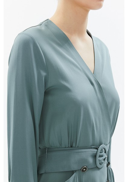 Petrol Anvelop Kapama Kemerli Midi Elbise 93322 modelleri