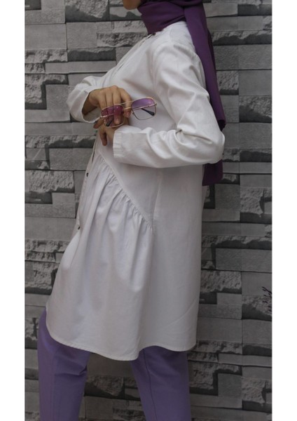 Doğal Kumaşlı Düğmeli Tunik- Koyu Mavi Beyaz