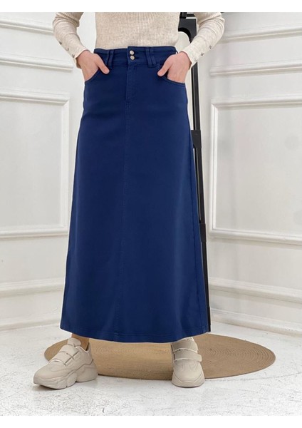Nakışlı Kontrast Ipli Gabardin Etek Indigo-
