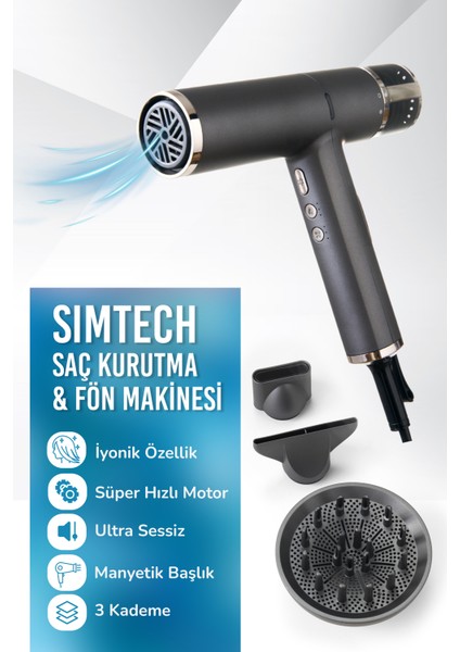 Iyonik ve Ultra Sessiz Saç Kurutma ve Fön Makinesi, Hızlı ve Şık Siyah Tasarım