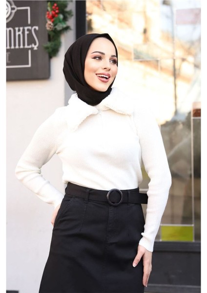 Cep Detaylı Kemerli Tokalı Gabardin Etek Siyah