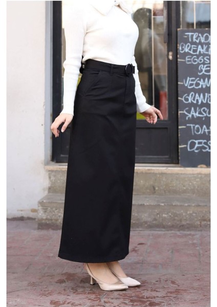 Cep Detaylı Kemerli Tokalı Gabardin Etek Siyah indirimleri