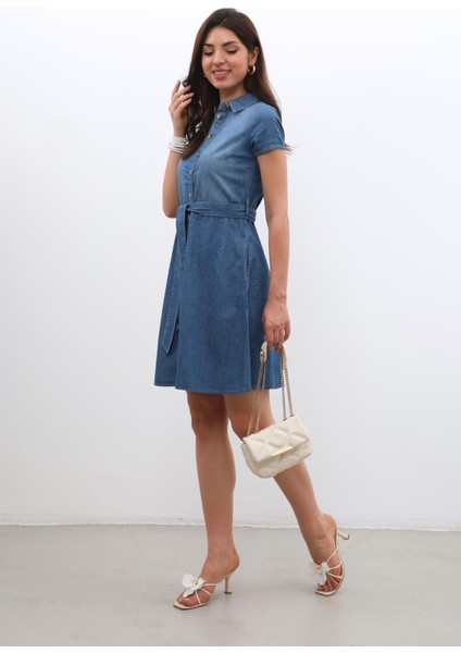 Markapia Kemer Detaylı Düğmeli Jean Elbise