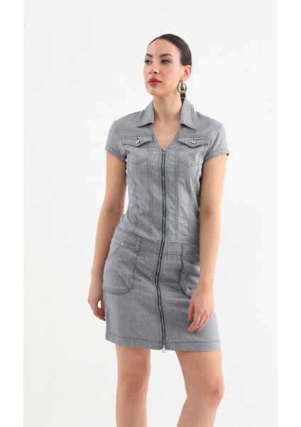 Yakalı Fermuarlı Gri Jean Elbise