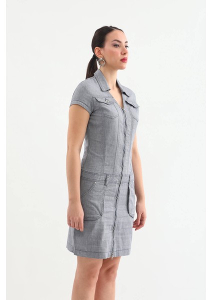 Yakalı Fermuarlı Gri Jean Elbise