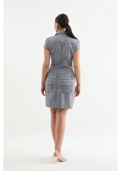 Yakalı Fermuarlı Gri Jean Elbise