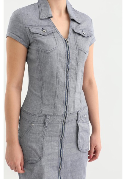 Yakalı Fermuarlı Gri Jean Elbise