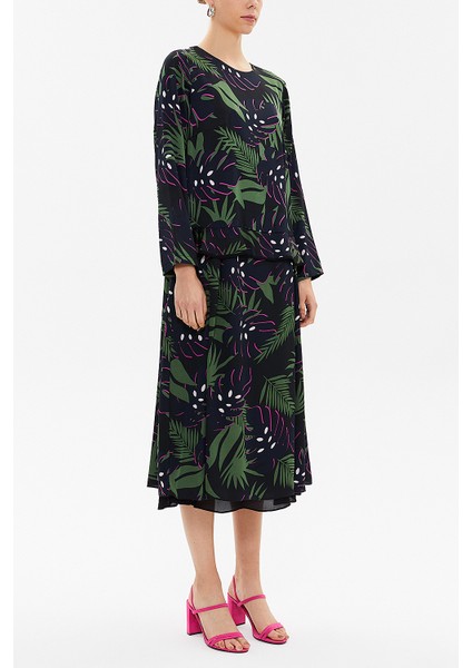 Desenli Fırfır Detaylı Salaş Midi Elbise 93081