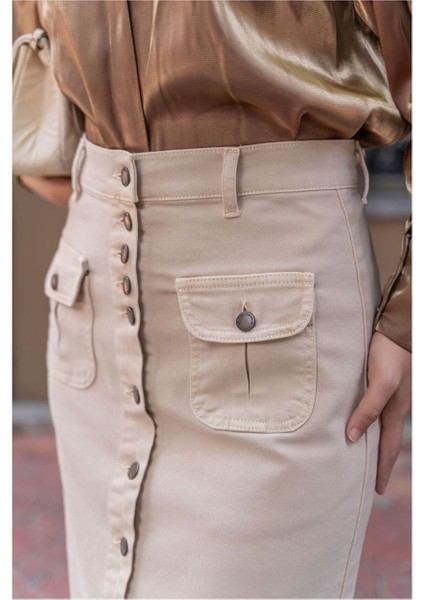 Boydan Düğmeli Körük Cepli Tesettür Etek Antik Ekru fiyatları