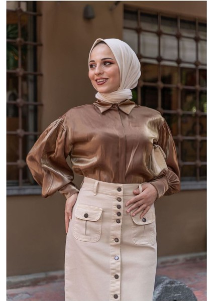 Boydan Düğmeli Körük Cepli Tesettür Etek Antik Ekru modelleri