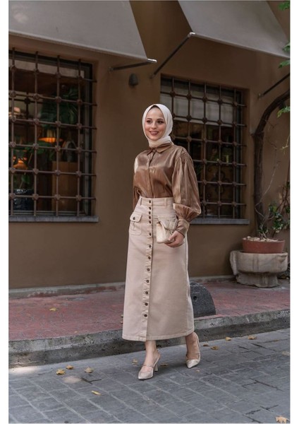 Boydan Düğmeli Körük Cepli Tesettür Etek Antik Ekru fırsatları