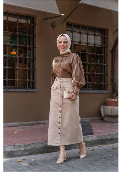 Boydan Düğmeli Körük Cepli Tesettür Etek Antik Ekru indirimleri