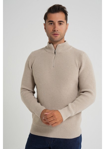 Trıst Star Erkek Kısa Fermuarlı Dik Yaka Selanik Örgü Yün Kazak TRIST-5358