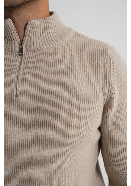 Trıst Star Erkek Kısa Fermuarlı Dik Yaka Selanik Örgü Yün Kazak TRIST-5358