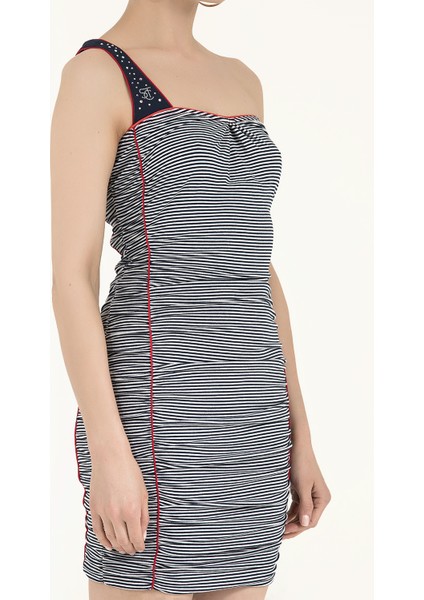 Mavi Beyaz Tek Omuz Mini Elbise 90455