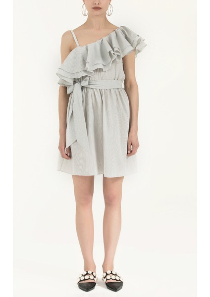 Siyah Beyaz Tek Omuz Volanlı Mini Elbise 92345