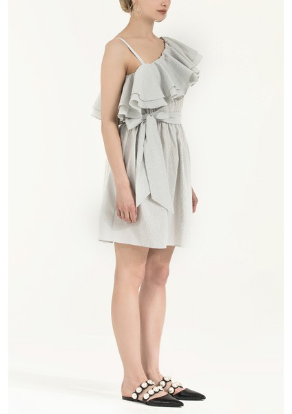 Siyah Beyaz Tek Omuz Volanlı Mini Elbise 92345 fiyatları