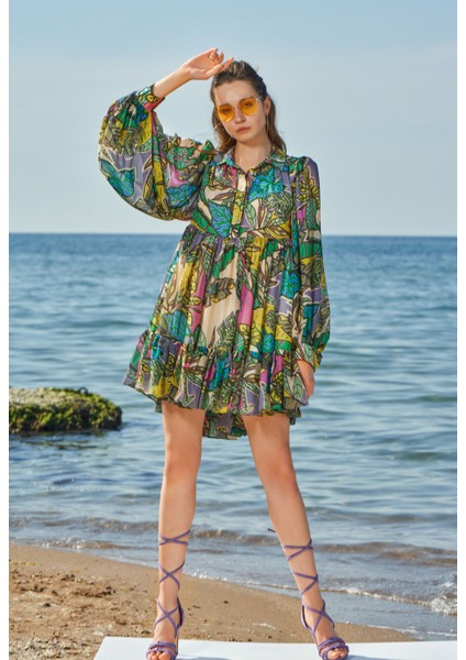 Desenli Büzgülü Kısa Elbise 93567