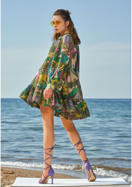 Desenli Büzgülü Kısa Elbise 93567 fırsatları