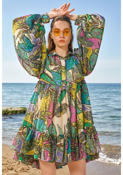 Desenli Büzgülü Kısa Elbise 93567 indirimleri