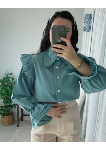 Mint Omuz Kol Volanlı Bebe Yaka Fistolu Gömlek