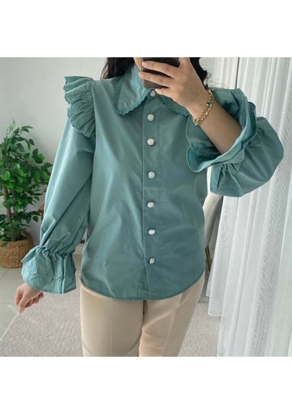 Mint Omuz Kol Volanlı Bebe Yaka Fistolu Gömlek fiyatları