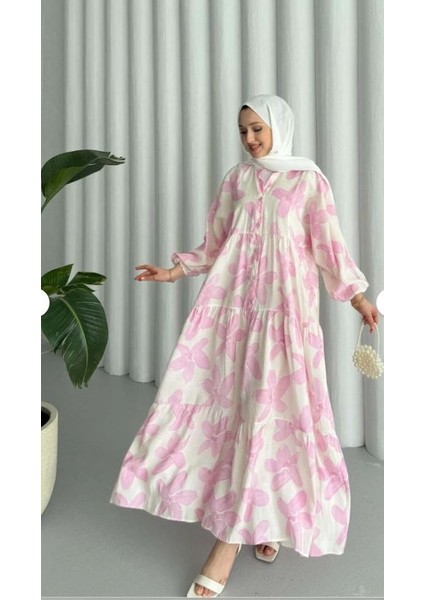 Modal Kumaş Çiçekli Düğmeli Elbise - Pembe